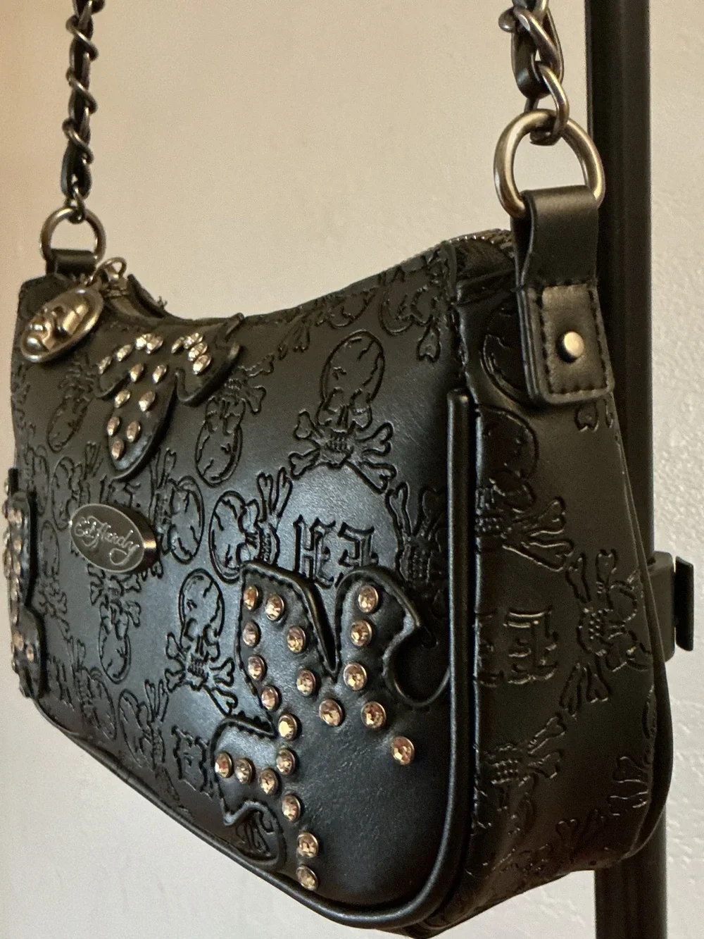Ed Hardy Studded Jewel Baguette Shoulder Bag - Black - nwot